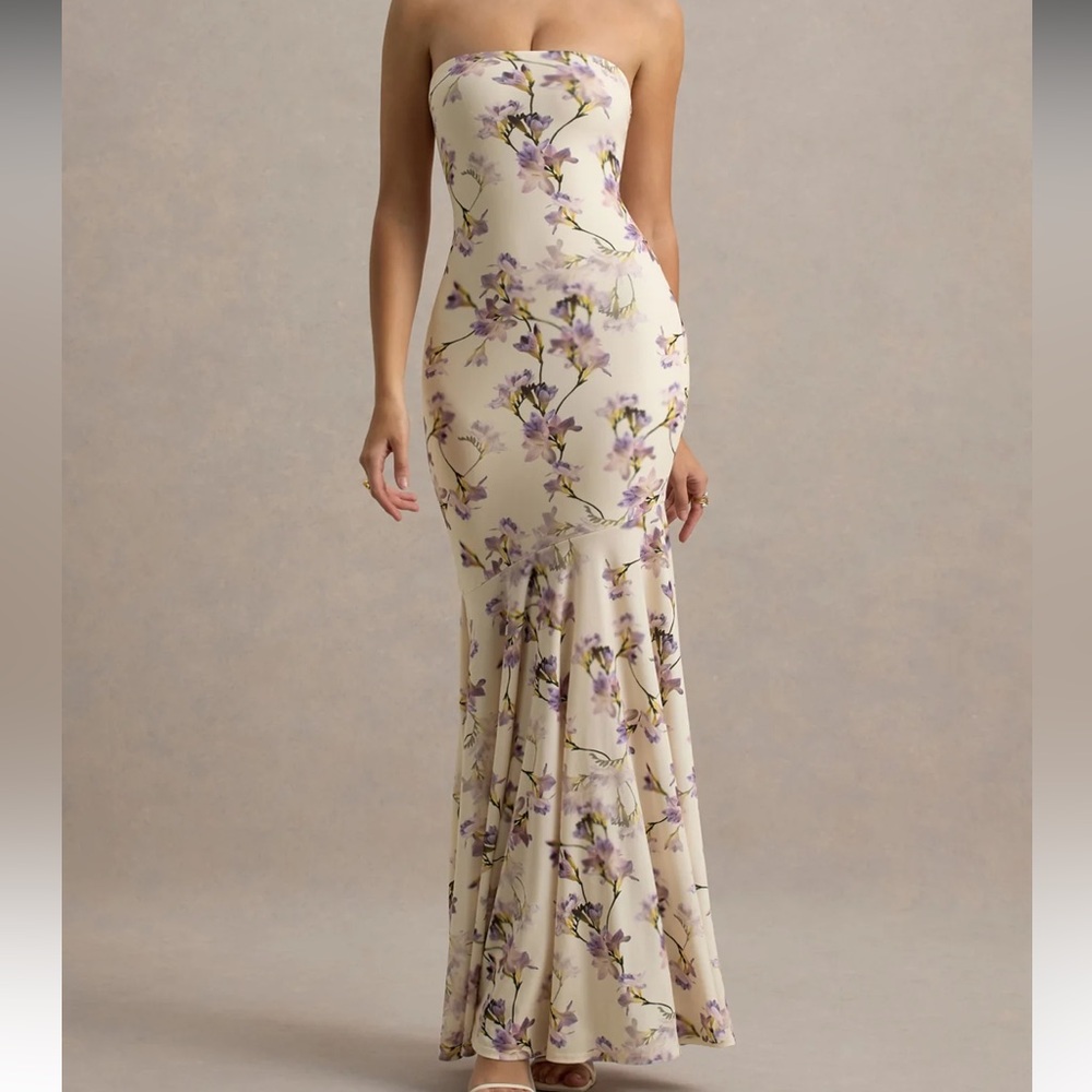 Club L London Cream Strapless Floral Maxi Dress with Purple Print